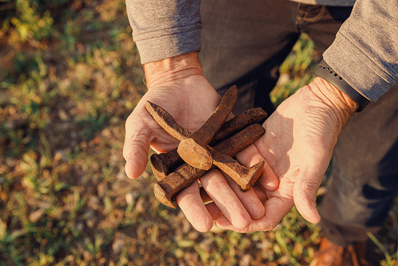 Two hands are holding and displaying large rusted nails on the McKay Lands property