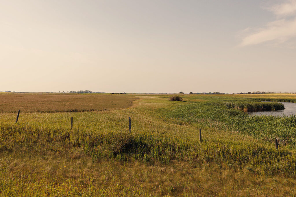 McKay Lands Parcel 5 - A wire and wooden fence runs through a large piece of farm land with a body of water to the right of it