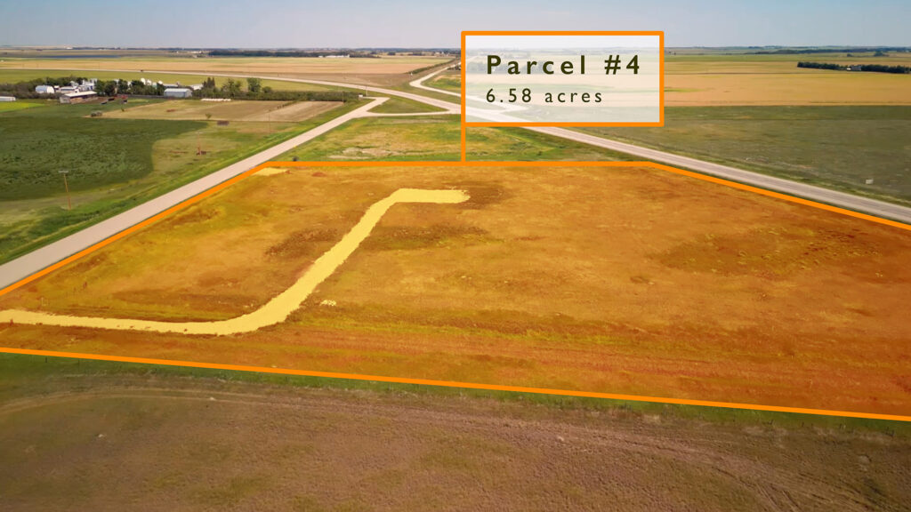 An aerial view of Parcel 4 of McKay Lands with a drawn on orange border to show how big the acre is