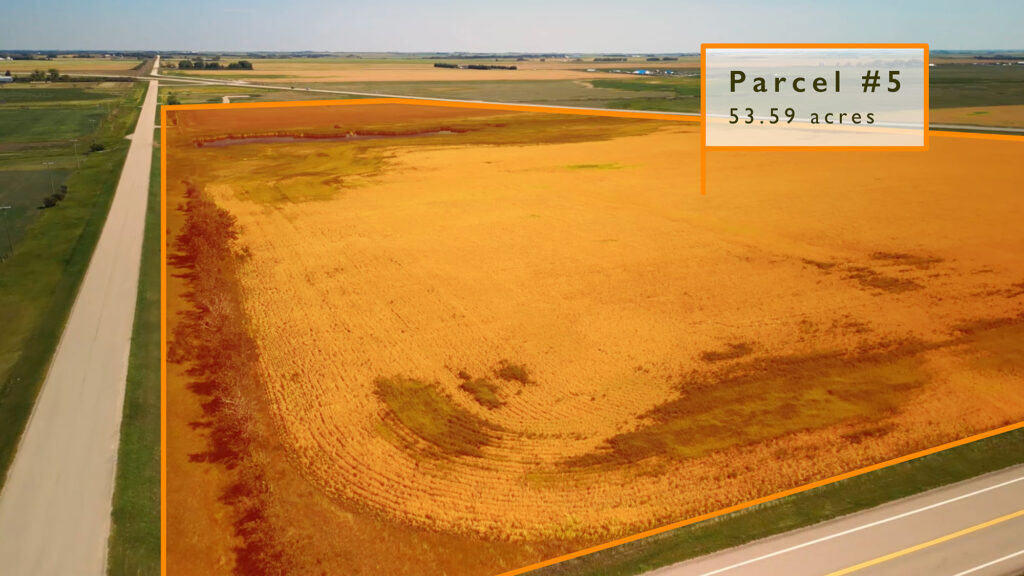 An aerial view of Parcel 5 of McKay Lands with a drawn on orange border to show how big the acre is